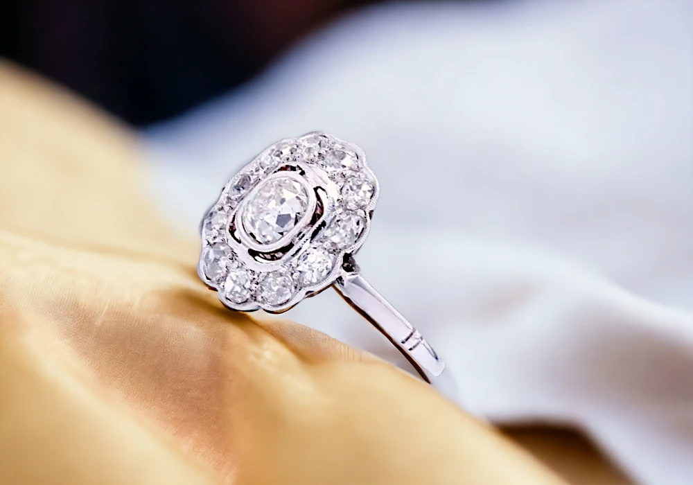 A close-up of a 1920s cluster ring.