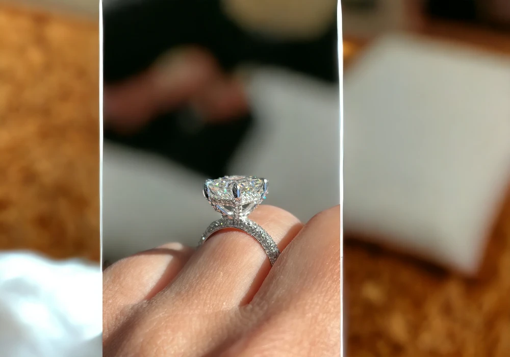 Two pictures of a diamond engagement ring on a woman's finger, showcasing exquisite 1920s wedding rings.