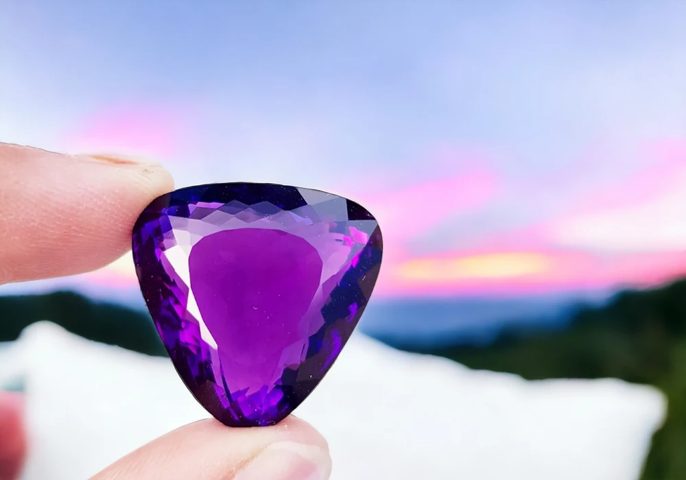 An individual grasping the symbolic purple amethyst gemstone, seeking to uncover its profound meaning.