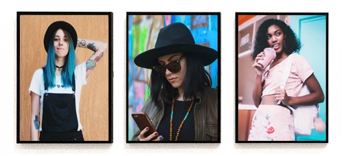 Three framed pictures of a woman wearing a hat and a hat.