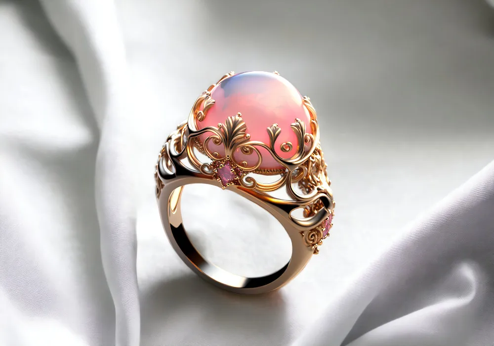 A pink opal ring on a white background.