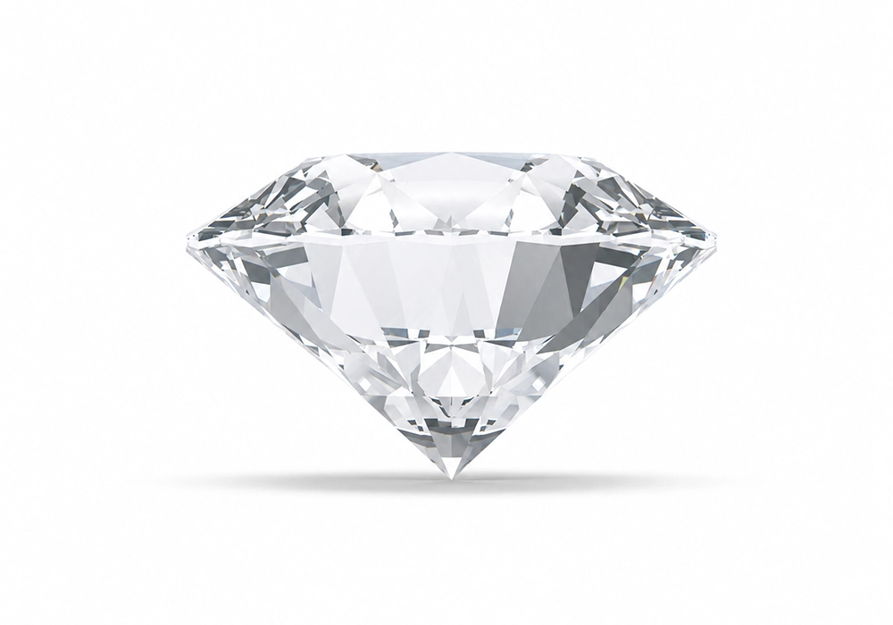 A single, clear-cut diamond is shown against a plain white background, highlighting its facets and symmetrical shape—a classic example of the brilliance found in Diamond Engagement Rings.