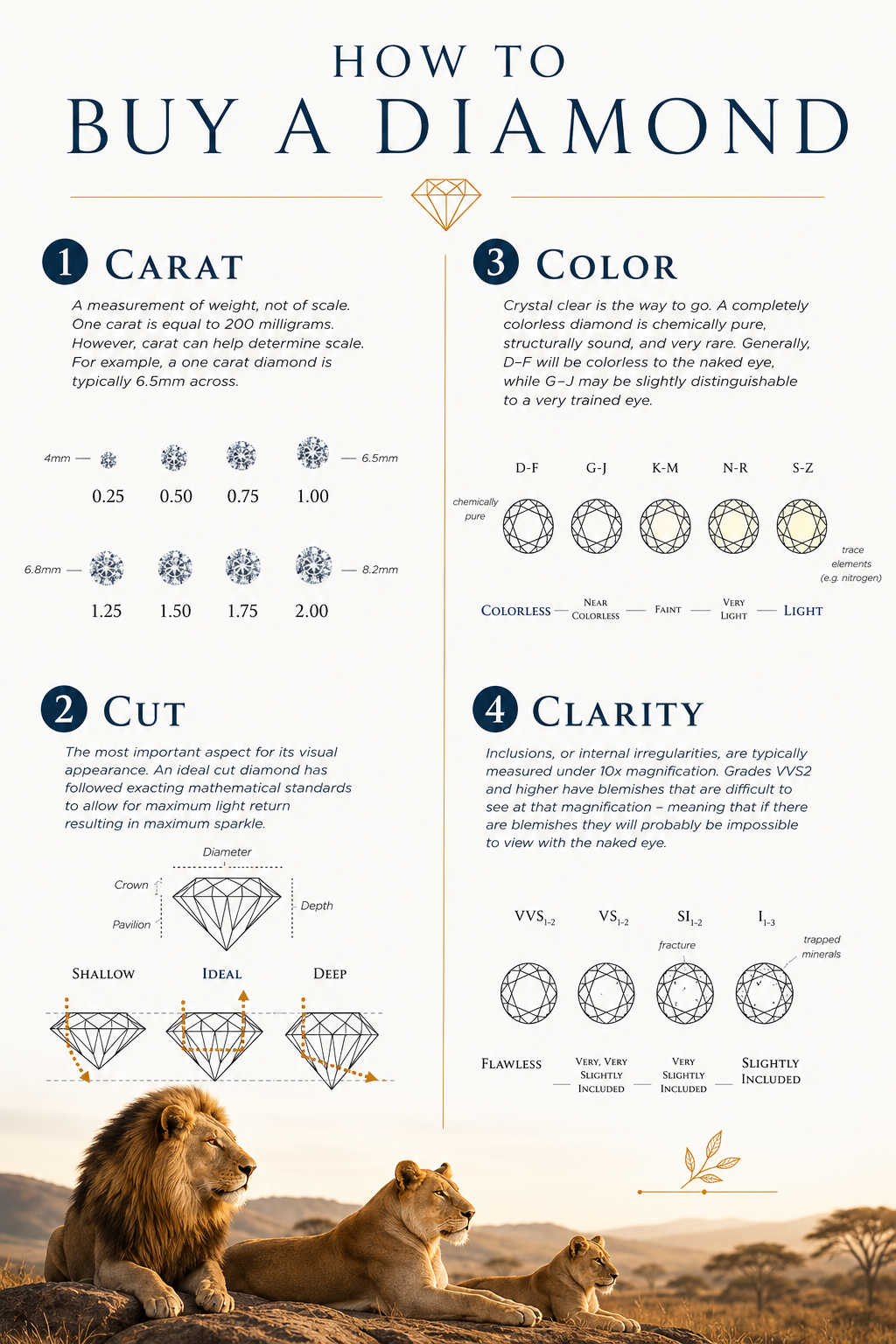 Infographic explaining how to buy a diamond, covering the four key factors—carat, cut, color, and clarity—with diagrams and brief descriptions for each characteristic, perfect for those selecting Diamond Engagement Rings.