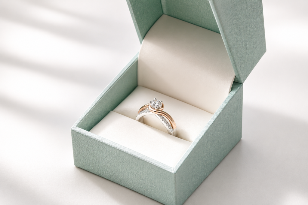 A stunning example of Diamond Engagement Rings, this piece features a brilliant diamond set on a gold and silver band, elegantly displayed in an open light green ring box with a cream interior.